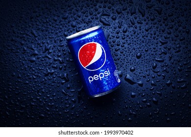 Kuala Lumpur, Malaysia - June 12, 2021: Pepsi Cola softdrink can on black background