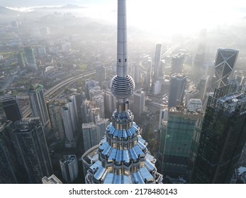 Kuala Lumpur, Malaysia - June 19 2022: Aerial View. A Close Up Of The KLCC Tower Ball.