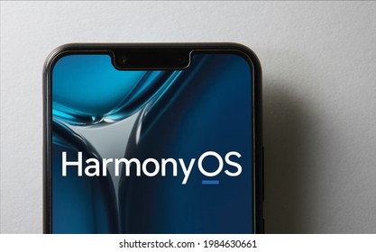 Kuala Lumpur, Malaysia - JUNE 2, 2021: Close Up Of  Harmony OS 2.0 Operating System Launched By Huawei On Screen Of Mobile Phone. 