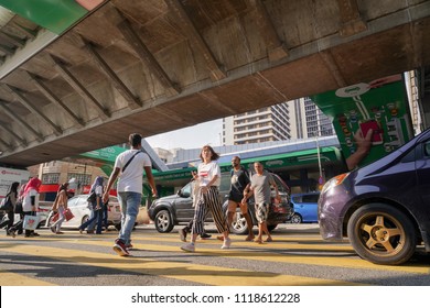 KUALA LUMPUR, MALAYSIA, June 21 2018 : Pedestrian Crossing Jalan Tun Perak Road In Kuala Lumpur Near Masjid Jamek LRT Station.
