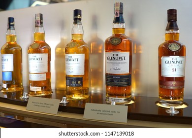 KUALA LUMPUR, MALAYSIA - JUNE 24, 2018: The Glenlivet Single Malt Scotch Whisky on store shelf in KLIA Airport terminal. The Glenlivet brand is the biggest selling single malt whisky in the US.