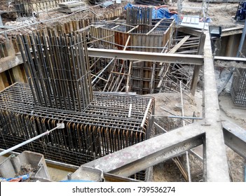 KUALA LUMPUR, MALAYSIA -MARCH 01, 2017: Underground foundation works at the construction site. The works such as piling and pile cap work to provide the strong foundation for the building. 
