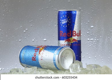 Kuala Lumpur Malaysia March 14th 2017,red Bull Aluminum Cans In Freezer With Ice Cubes