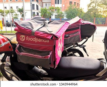 Kuala Lumpur, Malaysia- March 19, 2019: Food Panda Delivery Bag On A Motorcycle. 