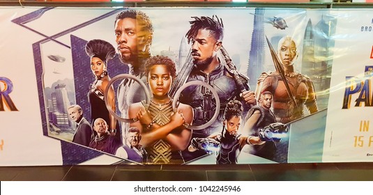KUALA LUMPUR, MALAYSIA - MARCH 2, 2018: Black Panther movie poster. Black Panther is a 2018 American superhero film based on the Marvel Comics character