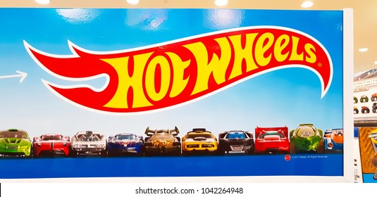KUALA LUMPUR, MALAYSIA - MARCH 2, 2018: Hotwheels toys logo on display at Toys 'r us. Hotwheels is a product of Mattel, with factories located in Penang, Malaysia and Thailand.