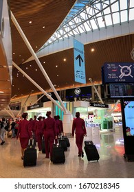 Kuala Lumpur, Malaysia - March 2020: A Group Of Qatar Airways Cabin Crew Found Walking To The Gate At The Kuala Lumpur International Airport In Malaysia.