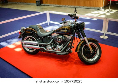 KUALA LUMPUR, MALAYSIA - March 23, 2018 : 2013 Harley Davidson Fat Boy Lo 110th Anniversary Edition , the Sultan of Johore's private collection is on display at Malaysia Bike Week 2018 jamboree.