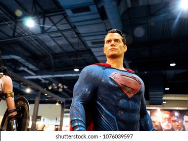 KUALA LUMPUR, MALAYSIA -MARCH 24, 2017: Fiction character of SUPERMAN from DC movies and comic. SUPERMAN action figure toys in various size display for public.