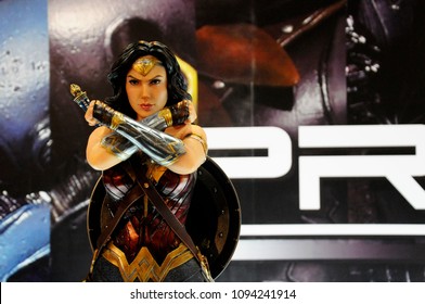 KUALA LUMPUR, MALAYSIA -MARCH 24, 2017: Fiction character of WONDER WOMAN from DC movies and comic. WONDER WOMAN action figure toys in various size displayed by collector for the public.
