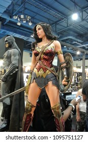 KUALA LUMPUR, MALAYSIA -MARCH 24, 2017: Fiction character of WONDER WOMAN from DC movies and comic. WONDER WOMAN action figure toys in various size displayed by collector for the public.
