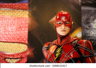 KUALA LUMPUR, MALAYSIA -MARCH 24, 2017: Fiction character of The Flash from DC movies and comic. The Flash action figure toys in various size displayed by collector for the public.
