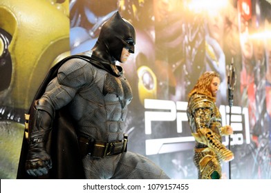 KUALA LUMPUR, MALAYSIA -MARCH 31, 2018: Fiction character of Batman from DC movies and comic. Batman action figure toys in various size display for public.

