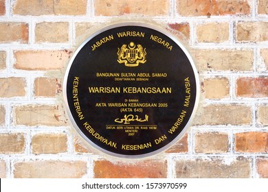 Kuala Lumpur, Malaysia - Mart 12,2019: A label on wall on the assignment of the status of cultural heritage to the Sultan Abdul Samad building from the Ministry of Culture of Malaysia. Selective focus