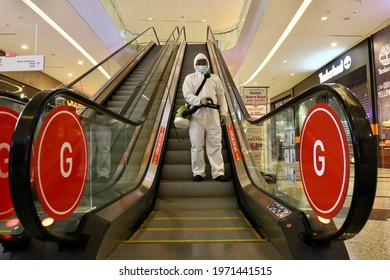 KUALA LUMPUR, MALAYSIA - MAY 10, 2021 : A worker do sanitizing inside the shopping mall area.