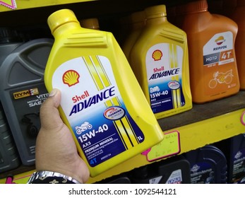 Kuala Lumpur, Malaysia - May 17, 2018 : Shell Advance Of Motorbike Engine Oils Are In Auto Parts Store.