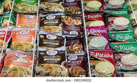 Kuala Lumpur, Malaysia, MAY 25th 2021: Ready Made Frozen Roti Paratha (Indian Bread) In Super Market Fridge.