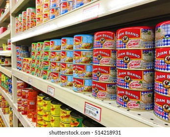 KUALA LUMPUR, MALAYSIA - Nov. 12  2016 .AYAM BRAND On Shelf In Supermarket. The Main Products Are Canned Fish (sardines, Mackerel, Tuna)