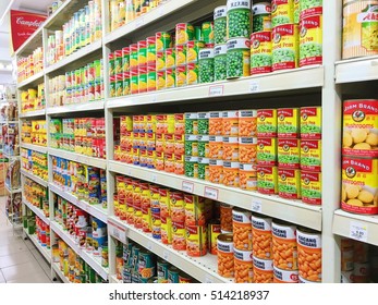 KUALA LUMPUR, MALAYSIA - Nov. 12  2016 .AYAM BRAND On Shelf In Supermarket. The Main Products Are Canned Fish (sardines, Mackerel, Tuna)