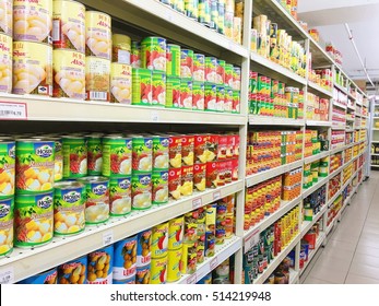 Kuala Lumpur, Malaysia - Nov. 12, 2016: Canned food products on shelves in a supermarket in Kuala Lumpur, Malaysia