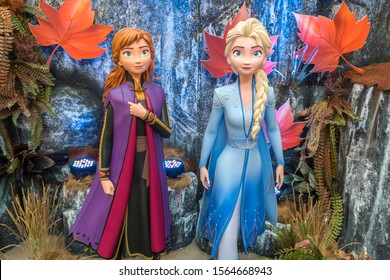 KUALA LUMPUR, MALAYSIA - NOVEMBER 17, 2019: Princess Elsa and Anna from Frozen 2 Magical Journey. This event is a promotion for new Disney blockbuster movie