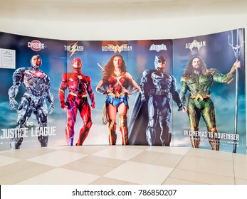 KUALA LUMPUR, MALAYSIA - NOVEMBER 19, 2017: Justice League Movie Poster; League of heroes-Batman, Wonder Woman, Aquaman, Cyborg and The Flash together to face an even greater enemy