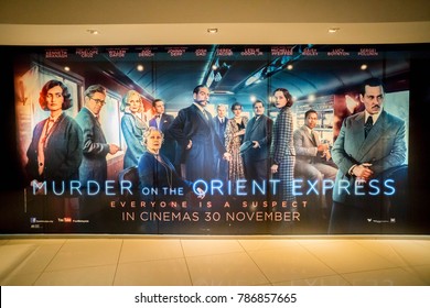 KUALA LUMPUR, MALAYSIA - NOVEMBER 19, 2017: Murder On The Orient Express Movie Poster; A Murder Occurs On The Train He's Travelling On, Celebrated Detective Hercule Poirot Is To Solve The Case.