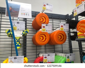 Kuala Lumpur, Malaysia - November 2018 : Decathlon Sporting Goods And Outdoors Store In Damansara Utama. Frisbee Of Sale In Decathlon Market. Damansara, Malaysia.