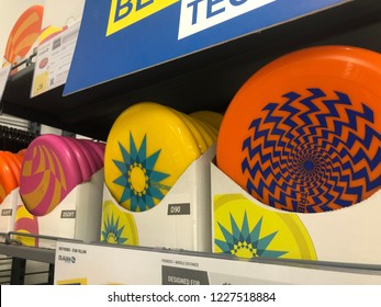 Kuala Lumpur, Malaysia - November 2018 : Decathlon Sporting Goods And Outdoors Store In Damansara Utama. Frisbee Of Sale In Decathlon Market. Damansara, Malaysia.