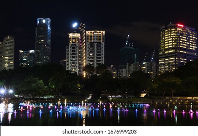 Kuala Lumpur, Malaysia - November 28, 2019: KLCC park with illuminated fountain at night