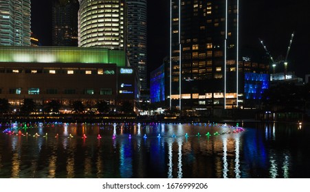 Kuala Lumpur, Malaysia - November 28, 2019: Night view of KLCC park with illuminated fountain