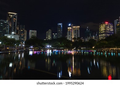 Kuala Lumpur, Malaysia - November 28, 2019: KLCC park view with illuminated fountain at night