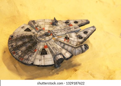 KUALA LUMPUR, MALAYSIA -NOVEMBER 3, 2018: Selected focused scale model of Millennium Falcon space ship from Star Wars franchise movies. The model displayed by the collector for the public. 