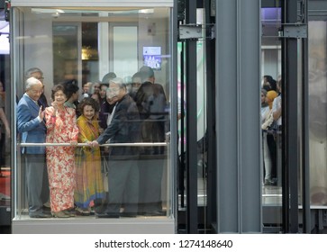 Kuala Lumpur, Malaysia - October 06,2018 : Prime Minister, Tun Dr Mahathir Muhamad And His Wife Tun Dr Siti Hasmah Mohd Ali Waving To Public  People At KLCC Mall