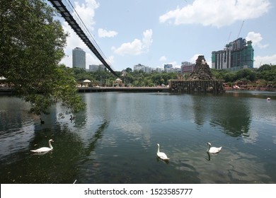 KUALA LUMPUR, MALAYSIA - OCTOBER 07, 2019 View Of The Sunway Lagoon Theme Park With Sunway Resort Hotel And Sunway Pyramid Mall, Built And Owned By The Sunway Group.