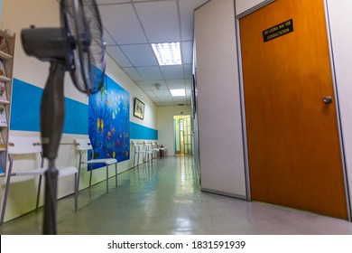 Kuala Lumpur, Malaysia - October 09, 2020: The empty waiting room of a doctor's office in Kuala Lumpur, Malaysia. Because of the Covid-19 Corona crisis, patients have to wait outside the polyclinic