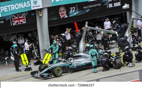 KUALA LUMPUR, MALAYSIA -OCTOBER 1, 2017 : Valtteri Bottas Of Great Britain Mercedes AMG Petronas F1 Team On The Pit Lane During Malaysia Formula One Grand Prix At Sepang Circuit 