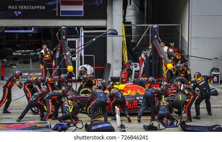 KUALA LUMPUR, MALAYSIA - OCTOBER 1, 2017 : Max Verstappen Of The Netherlands Driving The Red Bull Racing Red Bull On The Pit Lane During Malaysia Formula One Grand Prix At Sepang Circuit