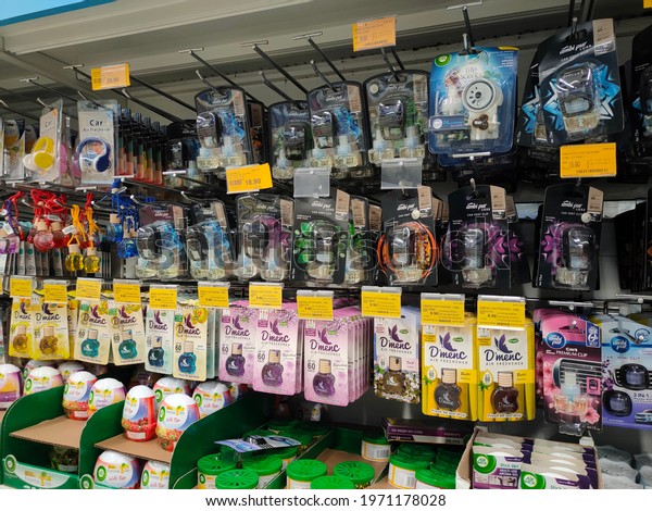 KUALA LUMPUR,\
MALAYSIA - OCTOBER 17, 2020: Various brand of car perfumes display\
for sale inside the supermarket. Sorted by the brand to make easy\
for the customer to choose.\
\
