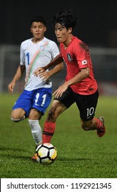 KUALA LUMPUR, MALAYSIA - October 2, 2018 : Y S Hong ,right, Of Korea Republic In Action During AFC U-16 Championship 2018 (Quarter Final) Between Korea Rupblic And India At MBPJ Stadium.