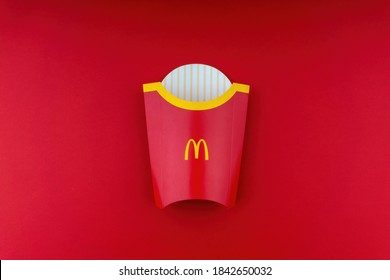 Kuala Lumpur, Malaysia - October 20, 2020 : McDonalds French Fries Box On Red Background