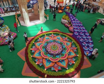 Kuala Lumpur, Malaysia - October 22, 2022 : Close Up Deepavali Indian Celebration Kolam Decoration At Shopping Mall With Peacock For Public To View At KLCC. Selective Focus.