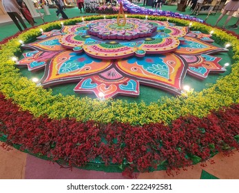 Kuala Lumpur, Malaysia - October 22, 2022 : Close Up Deepavali Indian Celebration Kolam Decoration At Shopping Mall With Peacock For Public To View At KLCC. Selective Focus.