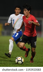 KUALA LUMPUR, MALAYSIA - October 2,2018 : Y S Hong ,right, Of Korea Republic In Action During AFC U-16 Championship 2018 (Quarter Final) Between Korea Republic And India At MBPJ Stadium.