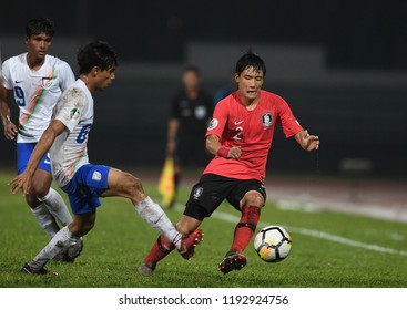 KUALA LUMPUR, MALAYSIA - October 2,2018 : T S Lee ,right, Of Korea Republic In Action During AFC U-16 Championship 2018 (Quarter Final) Between Korea Republic And India At MBPJ Stadium.