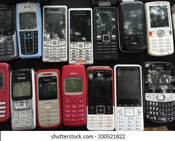 Kuala Lumpur, Malaysia - October 23, 2015: Stack of Old Model Mobile Phone, previous is highly preferred by people