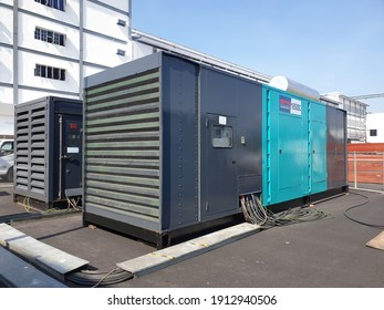 KUALA LUMPUR, MALAYSIA - SEPT 3, 2020 : Close up photo of industrial diesel generator set complete of cable 