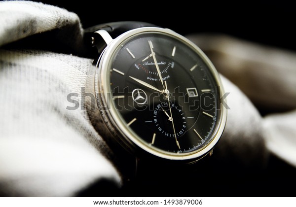 Kuala Lumpur / Malaysia - September 1, 2019 :
Collection of Mercedes Benz Classic Power Reserve car accessory
sport design automatic
watch.