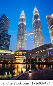 Kuala Lumpur, Malaysia -  September 10 2019: The Kuala Lumpur skyline in KLCC featuring the Petronas Twin Towers and water show in Malaysia