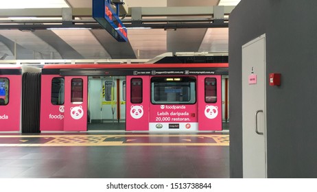 Kuala Lumpur, Malaysia- September 7 : Outside Train. No People / Passenger. LRT Malaysia, Food Panda Advertising. Metro Train In KL Modern Public Transportation Industry.